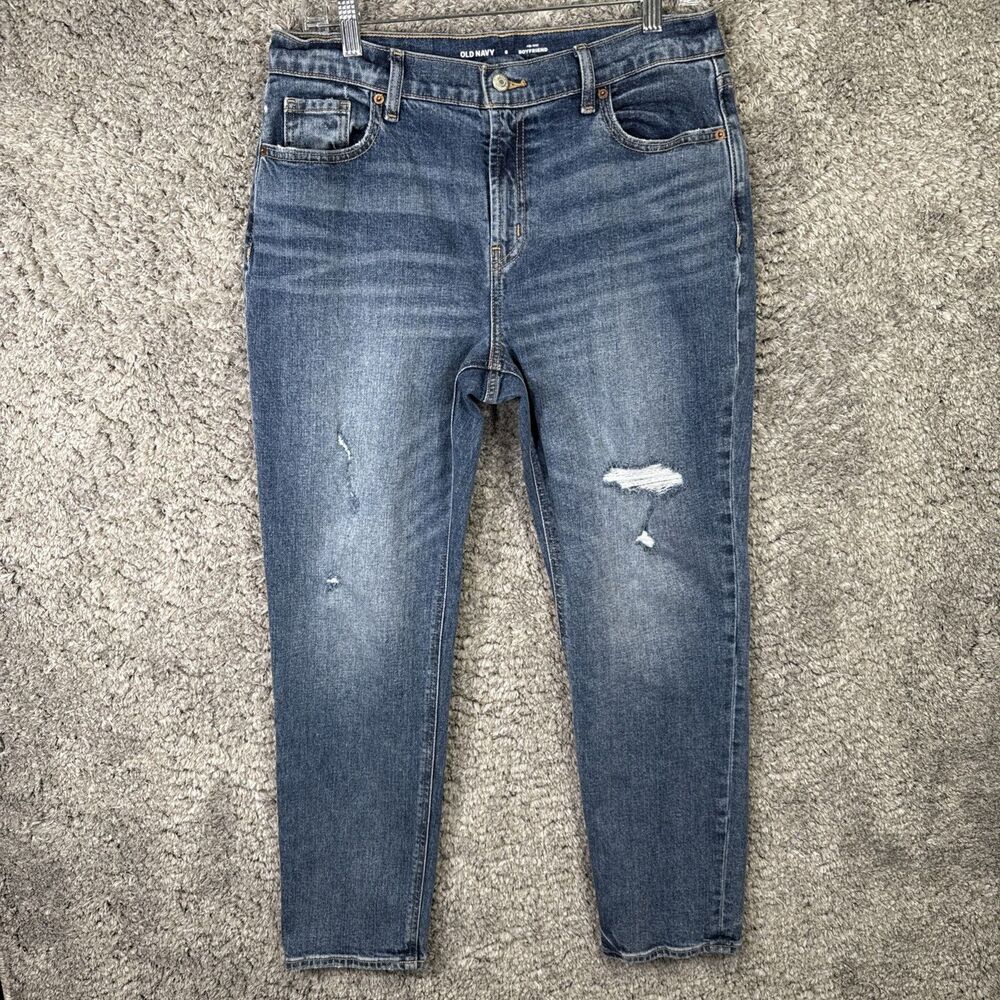 Old Navy Mid Rise Boyfriend Jeans Size 8 Medium Wash Stretch Distressed